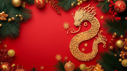 A festive arrangement featuring a golden dragon on a red background with seasonal decorations.