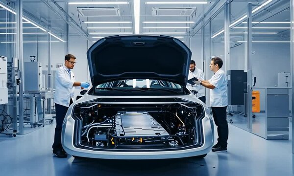 Technicians working on a futuristic car in a modern workshop.