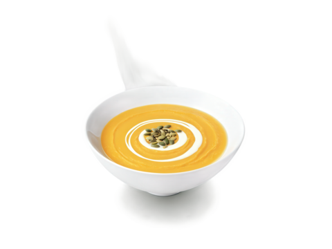 Butternut Squash Soup, cream swirl, pumpkin seed scatter, steam rising, warm lighting, commercial shot, transparent background