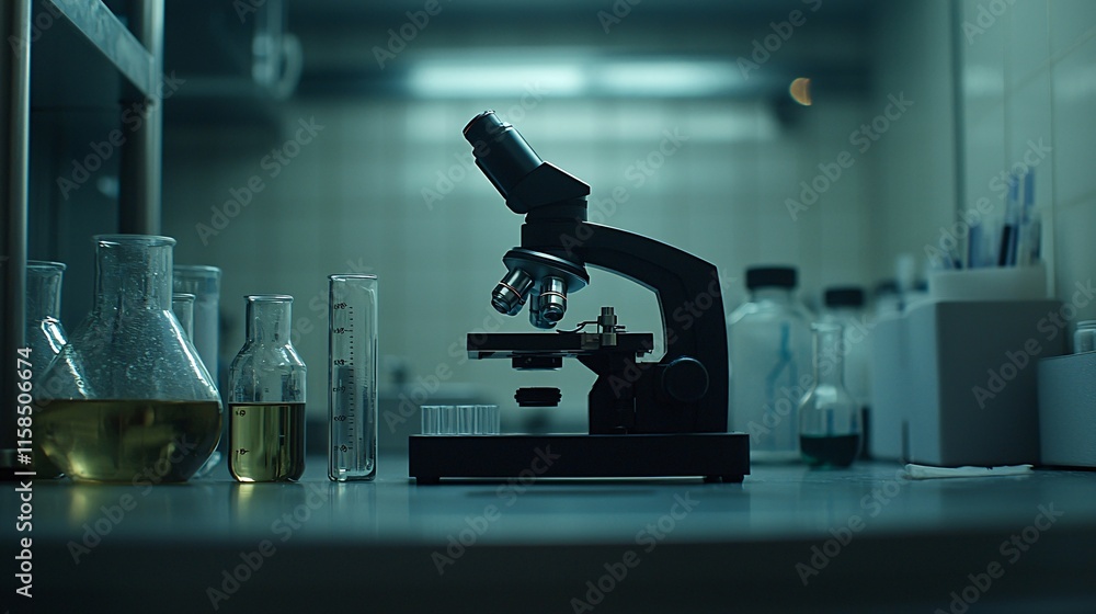 Poster a photostock of a microscope on a lab bench with test tubes and beakers