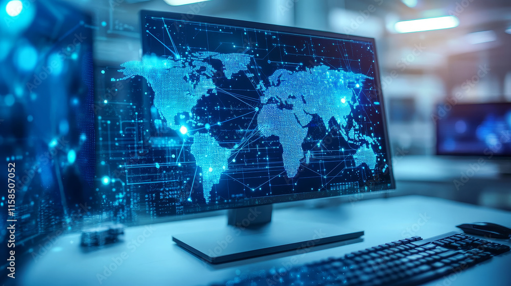 Poster world map technology blue dots modern connection technology background with computer systems light b