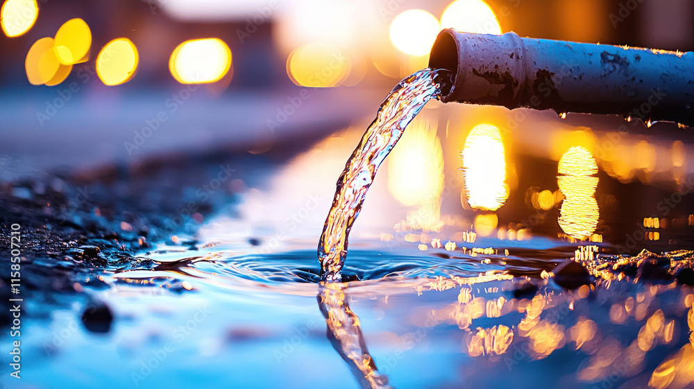 Poster surreal close up of water cascading from burst pipe, creating ripples reflective puddle. warm bokeh 