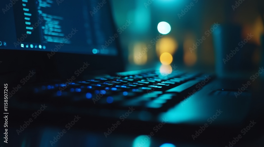Poster a close-up of a keyboard and computer screen in a dimly lit environment, suggesting technology use.