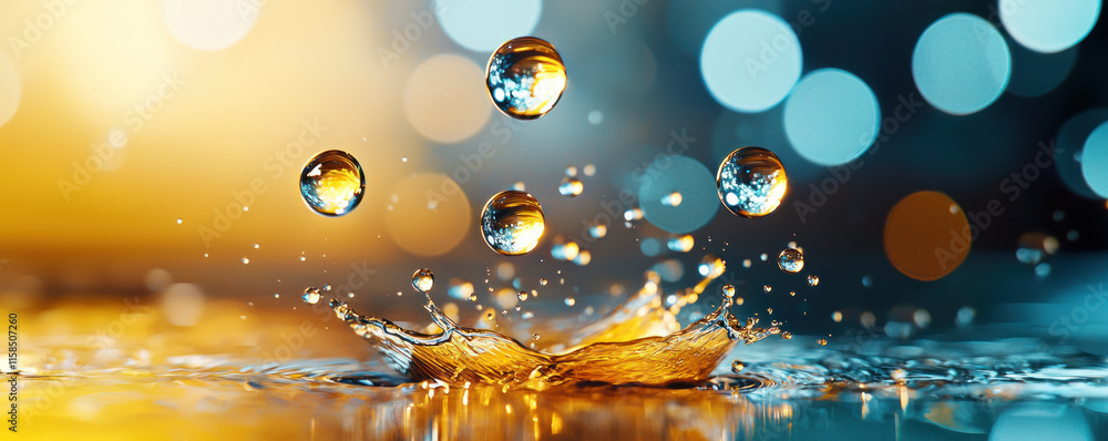 Poster surreal macro view of water droplets creating ripples in vibrant colors
