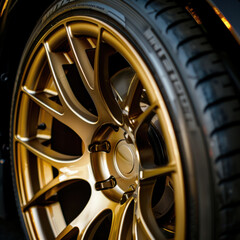 Obraz premium Sporty Car Tire with Elegant Gold Alloy Wheel