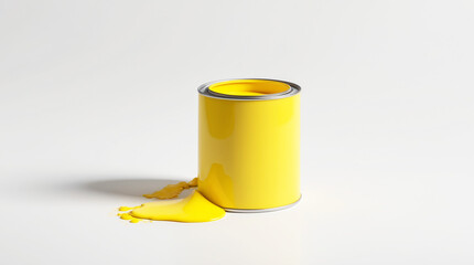 Yellow Paint Can with Spilled Paint on White Background