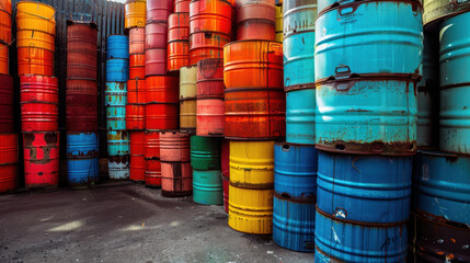 Colorful Industrial Barrels Stacked in Storage Area