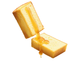 Corn Bread, honey drip suspended, butter melt swirl, steam wisps, warm lighting, commercial shot, transparent background