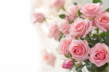 Pink Roses in Full Bloom Arranged in Vase with Soft Pink Petals and Fresh Green Stems in Dreamy Scene