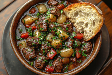 Traditional Lamb Stew or Curry in Clay Pot, Served with Bread and Garnished Herbs, Rustic Dining Setting