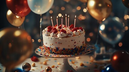 Delicious birthday cake celebrating with lit candles and balloons