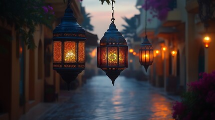 Three lit lanterns hanging over a wet, dimly lit street at dawn.