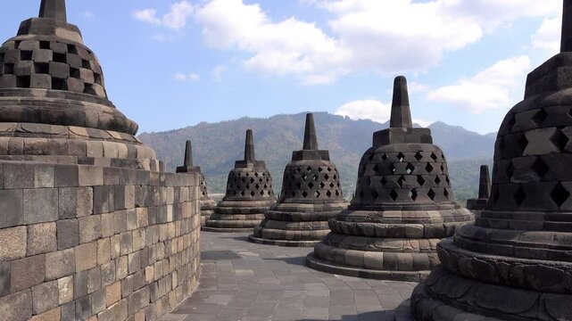 Stupas ring the top level of Borobudur Temple in Java.