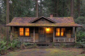 Secluded Cabin in the Woods at Dusk