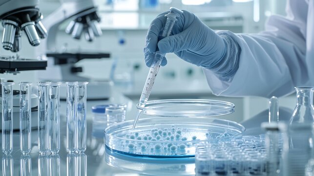 A photostock of a Petri dish with bacterial cultures in a laboratory