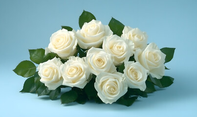 Elegant arrangement of fresh white roses against a blue backdrop Minimalist floral design , Generative AI 