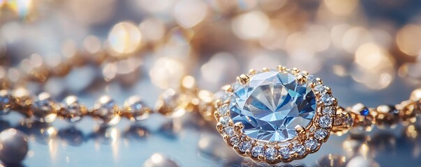 Fototapeta premium Large blue gemstone shining on gold necklace on reflective surface