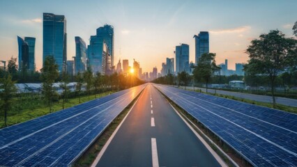 Obraz premium Solar panellined road flanked by greenery, with city skyline and setting sun in the background, creating a peaceful scene.