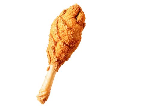 Golden fried chicken drumstick with crunchy coating, mouthwatering shine, warm orange hues, suspended mid-air, striking ad visual