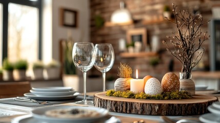 A beautifully arranged Easter table setting with decorative egg and a candle centerpiece.