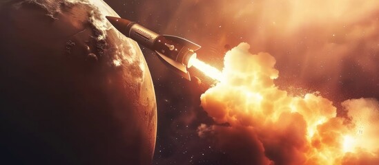 Rocket launching from planet, fiery trail.
