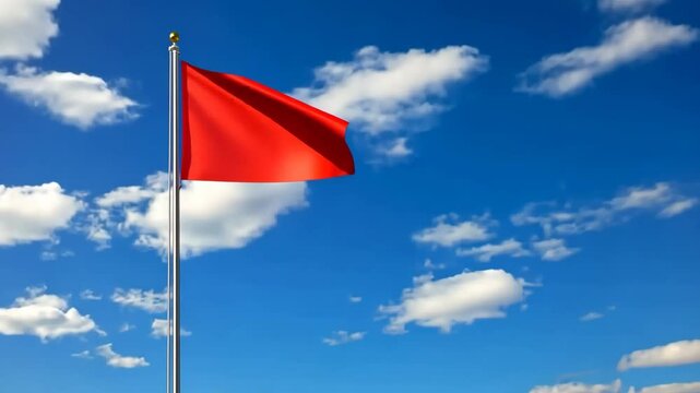 Bright red flag waves under a clear blue sky with fluffy clouds in midday sunlight