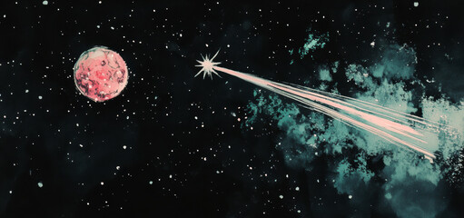 Celestial event shooting star over a distant planet cosmic art nighttime dreamy vision