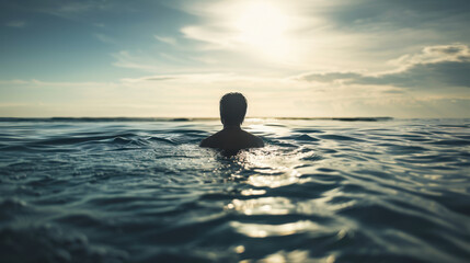 Swimmer Contemplating the Horizon in Open Waters