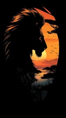 Naklejka premium A lion silhouette filled with a sunset savanna scene, symbolizing strength and the regal essence of the wild.