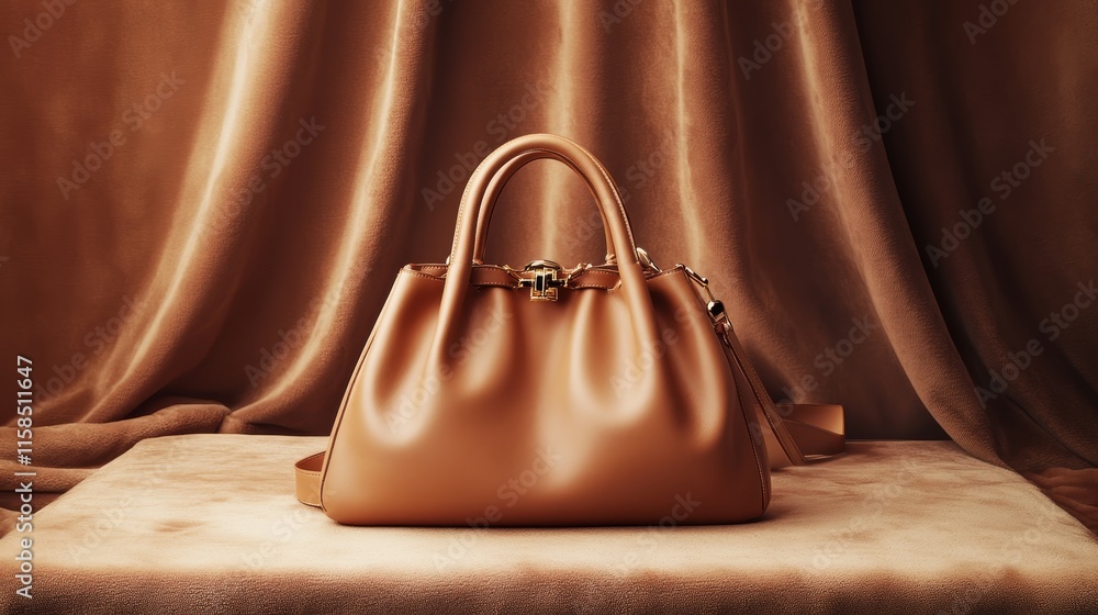 Poster a stylish brown handbag displayed on a textured surface with a soft backdrop.