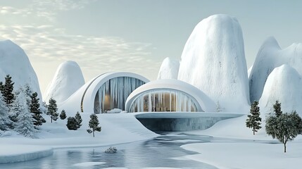 Futuristic Winter Retreat: 3D Render of a Snow-Clad Mountaintop Home AI Generated