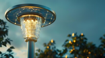 The image shows a garden lamp glowing warmly near green plants and flowers, with solar panels visible in the background under a clear blue sky.