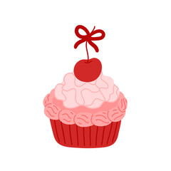 Coquette cupcake decorated with whipped cream, cherry berry, cute bow. Sweet muffin in red paper cup. Baked dessert, small cake. Flat vector clipart