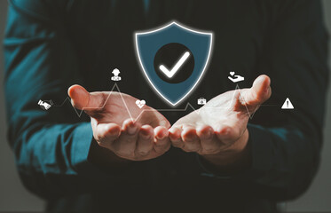 Safety and compliance concept at work. Businessman with icons of safety at work, compliance, risk...