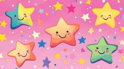 Cute cartoon stars with happy faces on pink background.