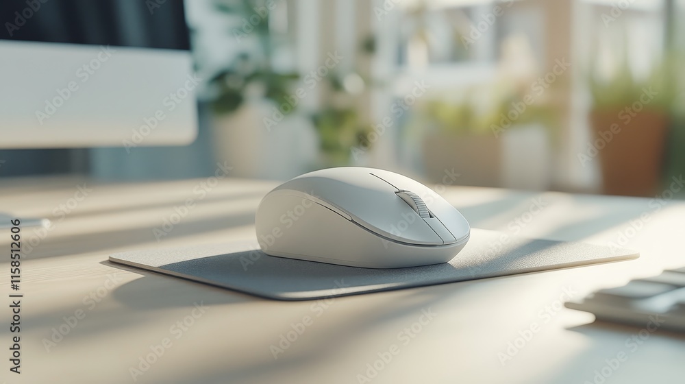 Poster a modern computer mouse on a desk with a soft mouse pad and natural lighting.