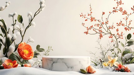 Spring Equinox: 3D Render of Marble Podium with Delicate Blossoms and Snow AI Generated