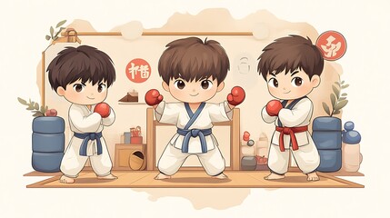 Adorable Taekwondo Trio: Hand-Drawn Illustration of Young Martial Artists Training in a Dojo AI Generated