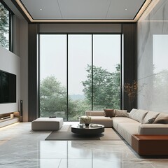  Modern living room,  featuring smart home elements, large panoramic window