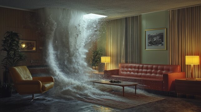 Retro living room flooded by a waterfall from the ceiling.