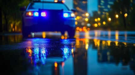 Police car lights flashing in a busy urban environment, symbolizing vigilance and security in maintaining public order.