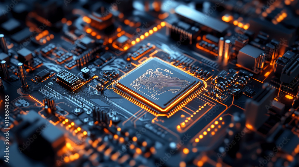 Poster abstract technology ai computing chipset on circuit board concept working data of artificial intelli