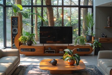 A living room with a modern and minimalist TV stand
