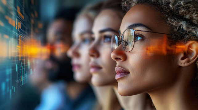 diverse group of modern people's faces，thoughtful expression, surrounded by blurred questionnaires and charts, survey insights,fincial, technology and connection concept