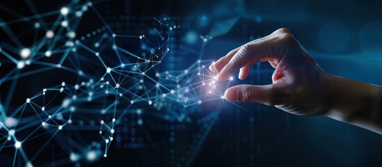 Hand interacting with digital network.