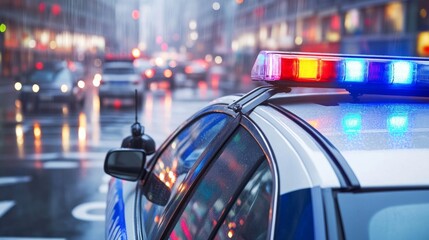 Police car lights flashing in a busy urban environment, symbolizing vigilance and security in maintaining public order.