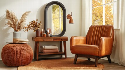 Cozy Autumn Living Room Corner with Leather Armchair