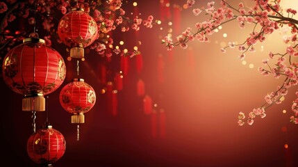 A tranquil scene featuring red lanterns and cherry blossoms, evoking a festive atmosphere and traditional cultural significance.