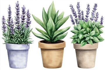Watercolor Lavender, Succulent, and Herbs in Pots
