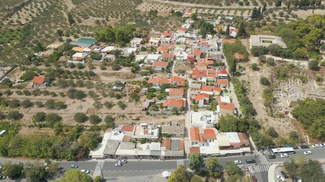Tiny Cretan Village Near Knossos in Greece Drone Birdseye Shot 4K 60FPS